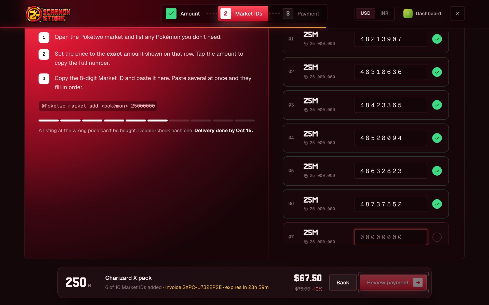 Checkout, step 2: one row per listing with its exact price