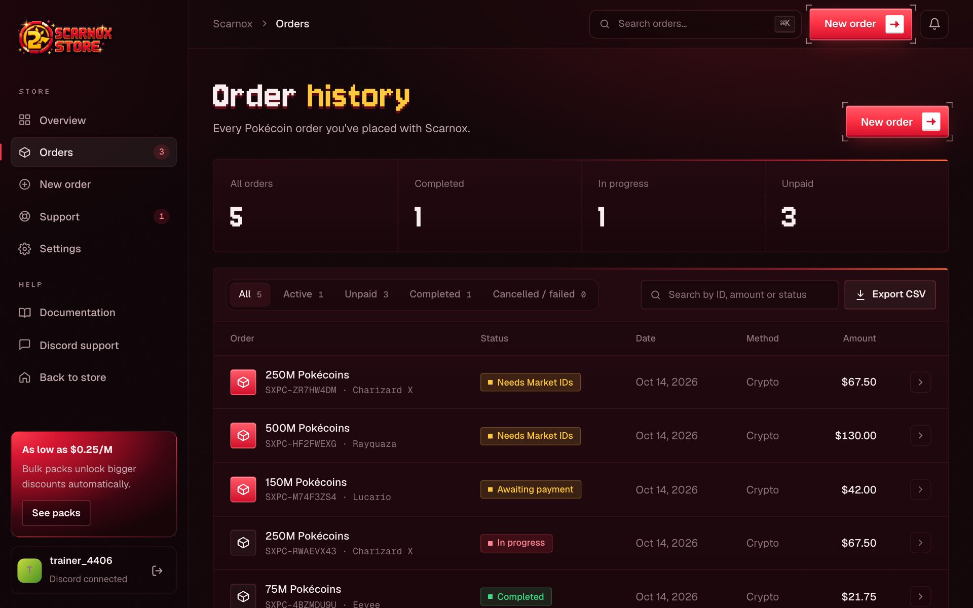 Orders page